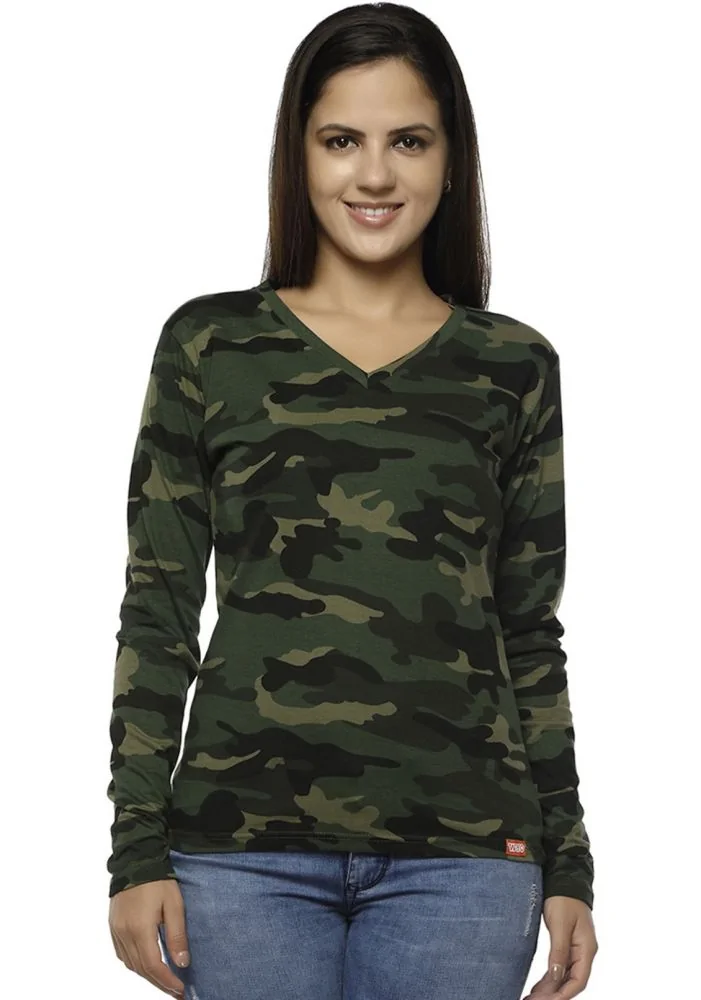 Women Full Sleeve V Neck Green Camo