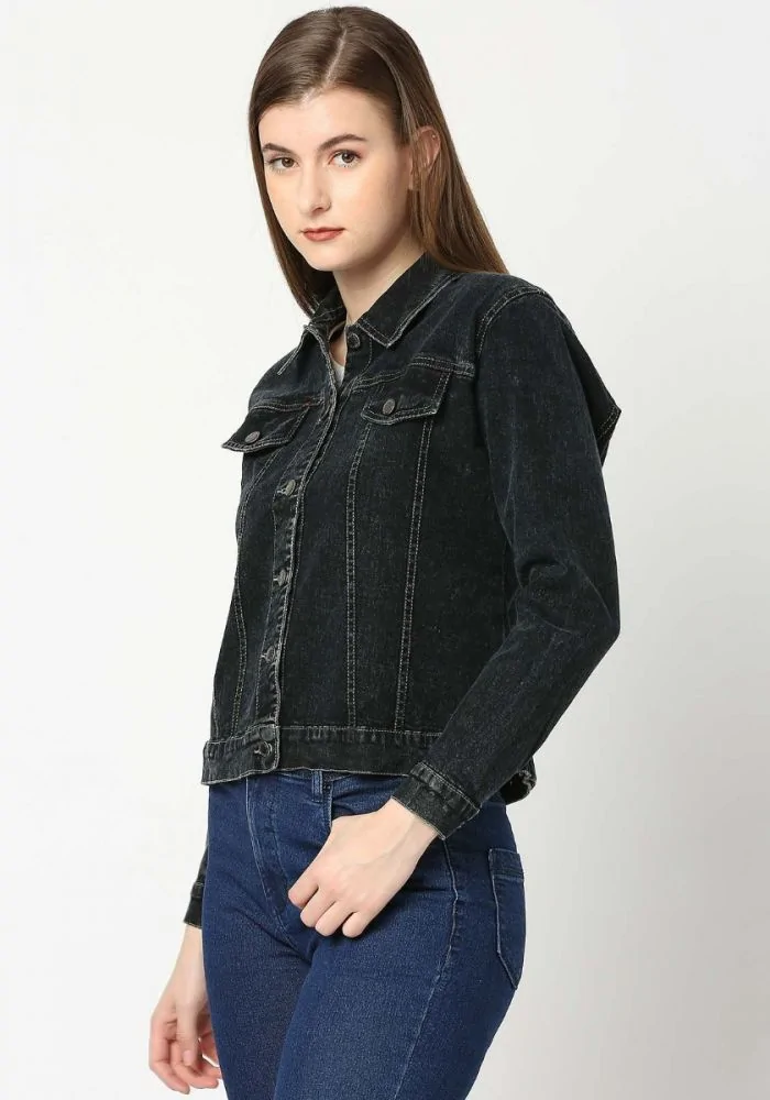 Cotton Denim Long Sleeve Jacket for Women - Ash Black-sgquangbinhtourist.com.vn